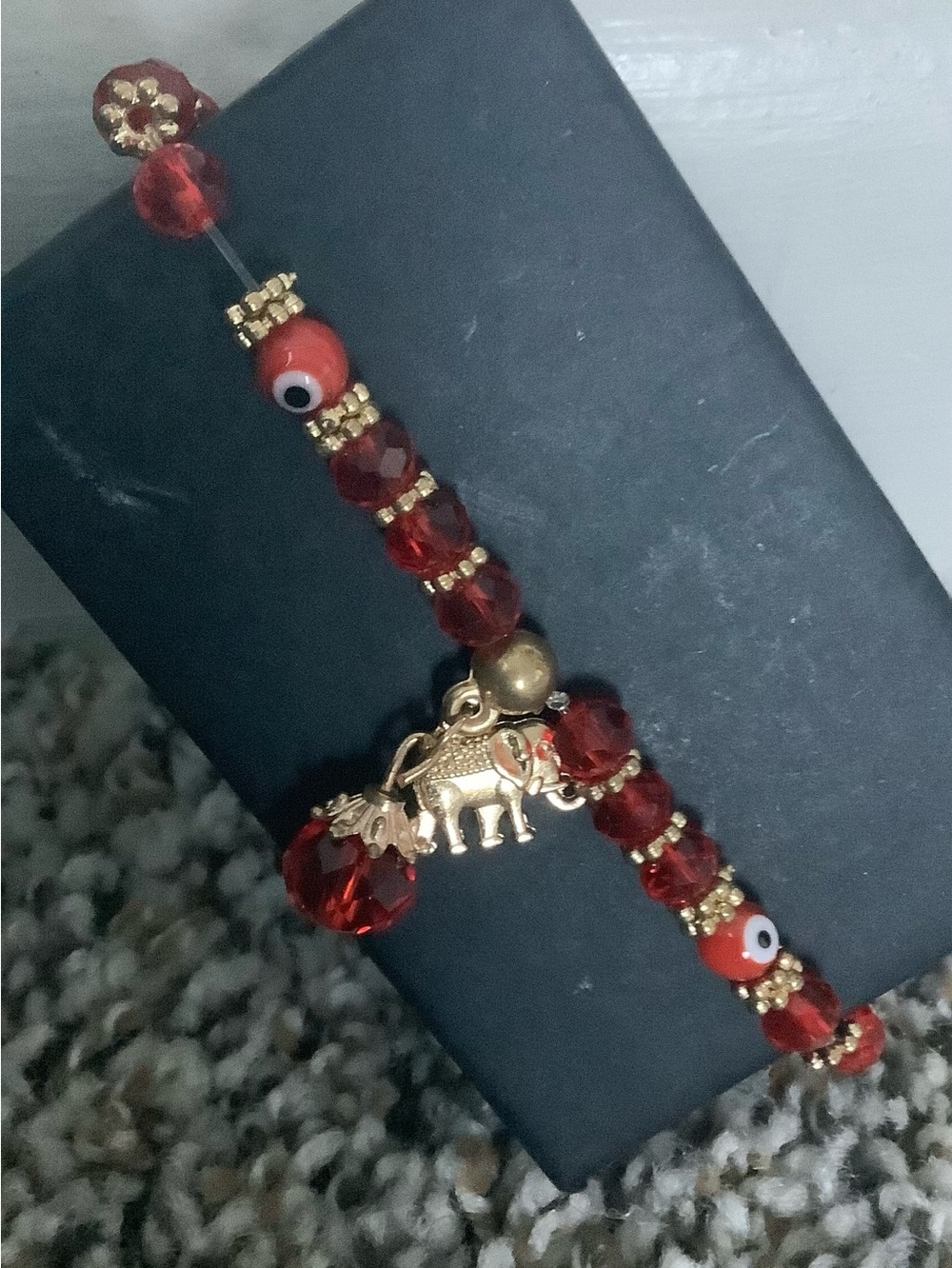 Red Glass Bead Bracelet with Gold Elephant Charm - Unbranded